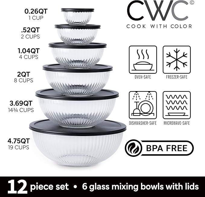 COOK WITH COLOR 12 Pc Glass Mixing Bowl Set with Lids – Borosilicate Glass Nesting Bowls for Cooking, Baking and Meal Prep, Fluted Black