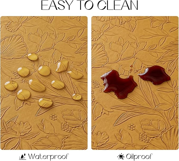 Romanstile Vinyl Placemats Set of 4-12 X 18 Inch - Heat Resistant Non-Slip Embossed Floral Place Mats 100% Waterproof Oilproof Wipeable Faux Leather Table Mats for Kitchen/Dining/Party, Gold