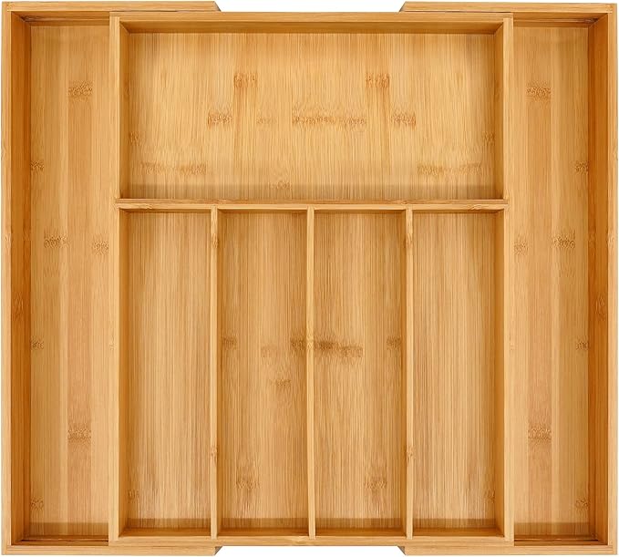 VaeFae Premium Bamboo Drawer Organizer, Expandable Silverware Drawer Organizer, Cutlery Tray with Dividers for Kitchen Utensils (Natural, Large)