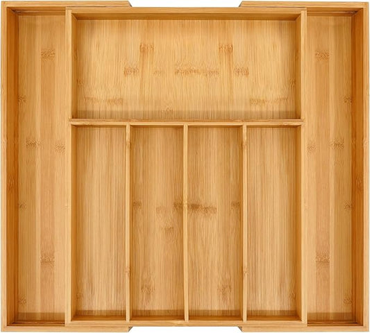 VaeFae Premium Bamboo Drawer Organizer, Expandable Silverware Drawer Organizer, Cutlery Tray with Dividers for Kitchen Utensils (Natural, Large)