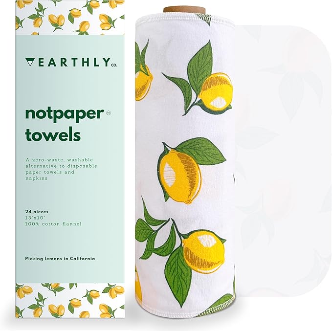 Reusable Paper Towels - 24 Pack - Roll of Washable Cotton Cloth Paper Towels - Paperless Reusable Napkins Cloth Washable - Absorbent + Long Lasting - Zero Waste Products - (Lemon)