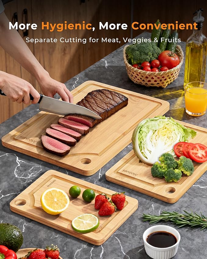 Carbonized Bamboo Cutting Board for Kitchen, Knife-Friendly Wooden Cutting Boards Set 3-Piece with Juice Groove, Durable Chopping Boards for Meat, Vegetables, Fruits, Cheese(Natural)