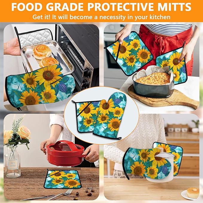 Sunflower Oven Mitts and Pot Holders Sets 4Pcs,Extra Long Oven Gloves Potholder for Kitchen Cooking Baking BBQ 100% Cotton Heat Resistant