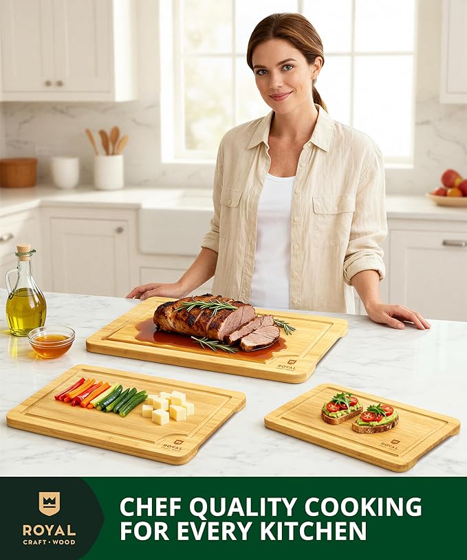 ROYAL CRAFT WOOD Bamboo Cutting Board Gift Set – 3-Piece Reversible Wooden Boards with Deep Juice Groove & Handles – Premium Charcuterie & Butcher Blocks for Kitchen – Holiday Gift-Ready Packaging