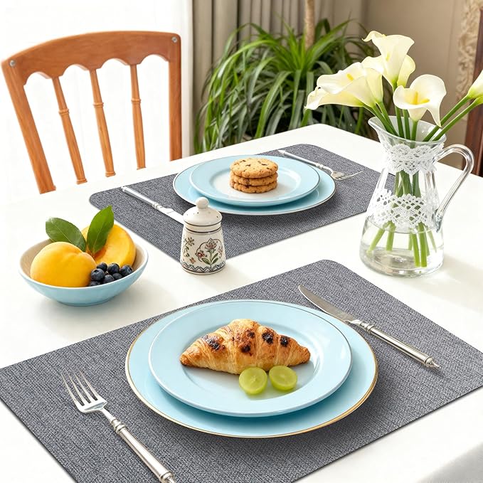 Vinyl Placemats Set of 6-12×17.7 Inch Waterproof & Heattable Placemats, Fall Faux Leather Wipeable Outdoor Table Mat for Dining, Kitchen, Indoor Outdoor Use (Grey, Linen Texture)