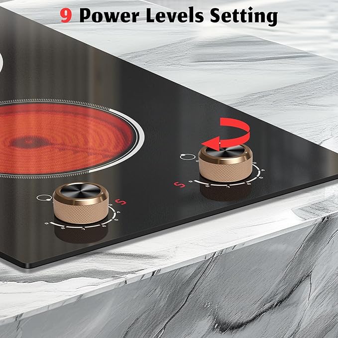 2 Burner Electric Cooktop, Built-in & Countertop Electric Stovetop 12 Inch, Ceramic Cook Top with Knob Control, 9 Power Levels Setting, Over-Temperature Protection, 110V - 120V Plug in