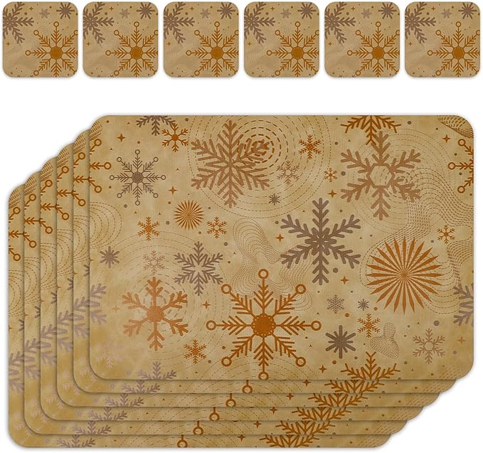 Le courant 16.9in 6PACK Christmas Snowflake Placemats with 6 Coasters, Reversible Faux Leather Easy Clean Waterproof Stain Resistant Place Mats, for Home Party Dining Holiday Table Decor