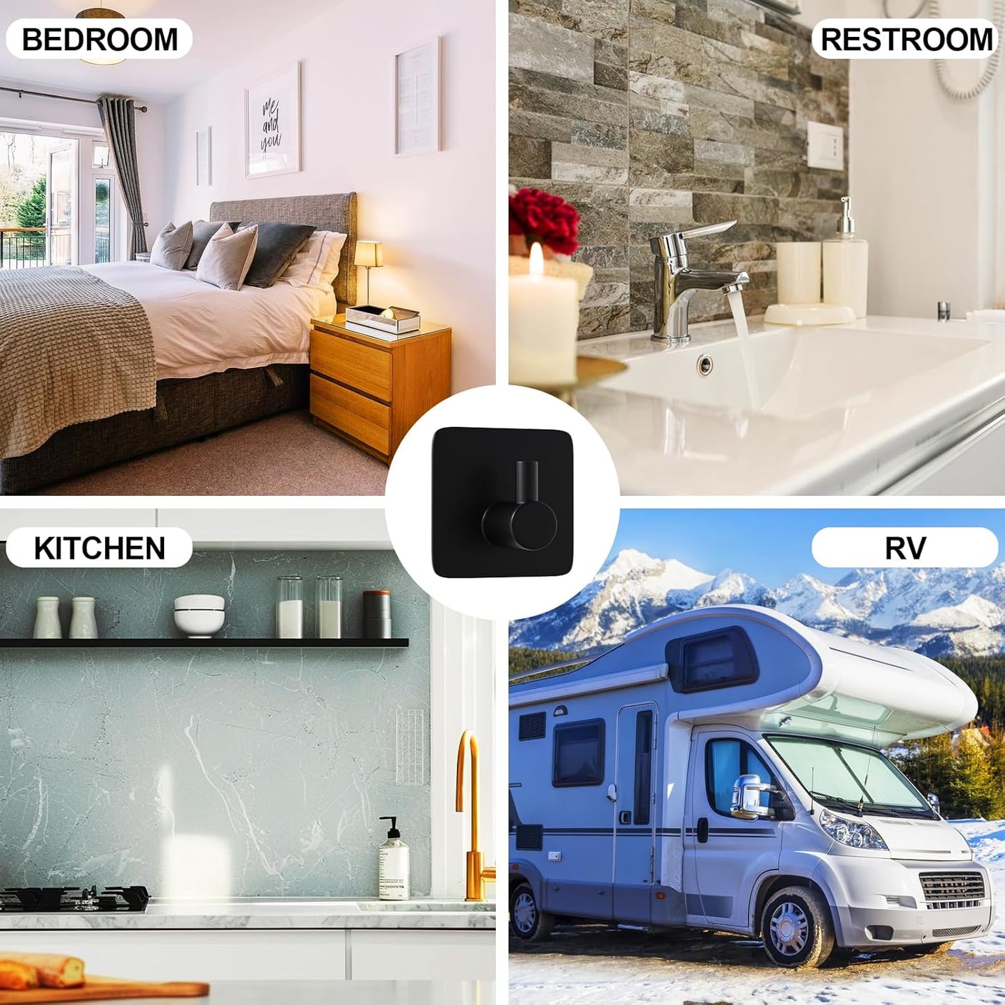 ACNISM Adhesive Hooks Heavy Duty Waterproof 4 Pack, Stainless Steel Stick on Hooks for Hanging Towel, Robe, Coat, Loofah - Bathroom Shower, Kitchen Organizer (Matte Black)