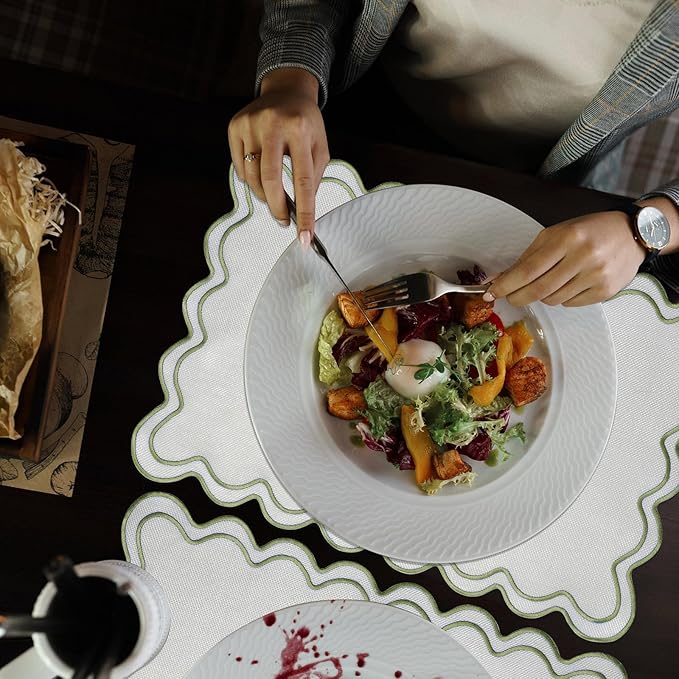 12 Set Linen Placemat 13x19 Wavy Embroidery Scalloped Placemat Double Layered Washable Farmhouse Dinner Table Mat Fabric Napkin for Christmas Hotel Restaurant Wedding Party(Grass Green)