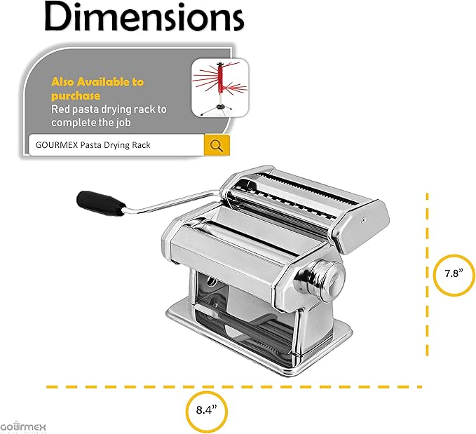 GOURMEX Pasta Maker Machine Stainless Steel Manual | With Adjustable Thickness Settings | Perfect for Homemade Spaghetti Fettuccini Noodles and Lasagna | Includes Removable Handle and Clamp (Silver)