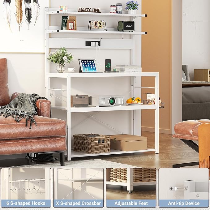 Aheaplus Bakers Rack with Power Outlet, Microwave Stand, 5 Tiers Coffee Bar Station with Led Lights, Kitchen Storage Shelf with 6 S-Shaped Hooks, Kitchen Rack Coffee Bar Stand, White