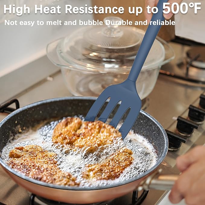 Coukre 2 Pack Silicone Spatula Set, High Heat Resistant, BPA Free Kitchen Spatula, Solid & Slotted Turner for Non-Stick Pans, Sautéing, and Flipping (2, PureDarkBlue)