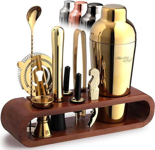 Mixology & Craft Bartender Kit: 10-Piece Cocktail Shaker Set with Dark Bamboo Stand | Complete at Home Bar Set with Bar Accessories | Great Housewarming Gift | Leak-Proof Design (Gold)