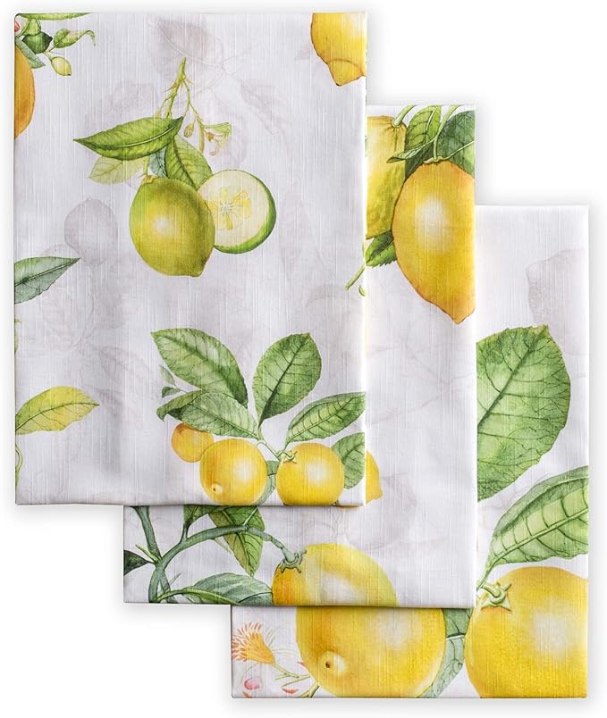 Maison d' Hermine Kitchen Towels Set of 3 100% Cotton 27.50" x 20" Reusable Cloth Tea Dish Towels Absorbent with Hanging Loop for Kitchen, Home, Dining, Cocktail Parties Spring/Summer (Limoncello)