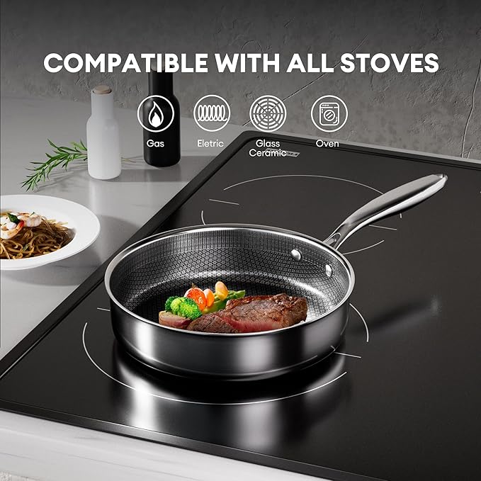 COOKER KING 3.6 Quart Stainless Steel Saute Pan with Lid, 11 Inch Hybrid Nonstick Deep Saute Pan, Tri-Ply Clad Even Heat Distribution, Dishwasher-Friendly,Oven Safe to 500°F, Induction Compatible