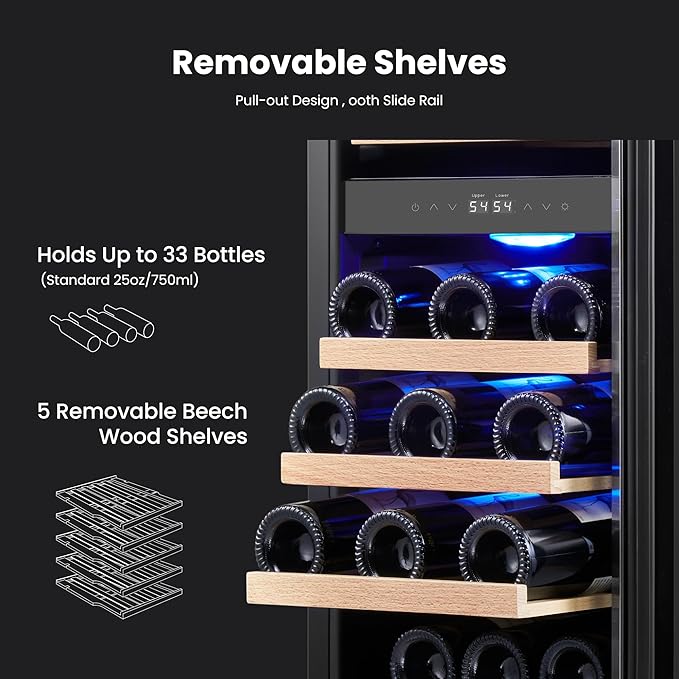 Yeego 15 Inch Dual Zone Wine Fridge, 28 Bottles Wine Cool Refrigerator with Glass Door, Built-in/Freestanding/Under Counter, Ideal for Home & Kitchen