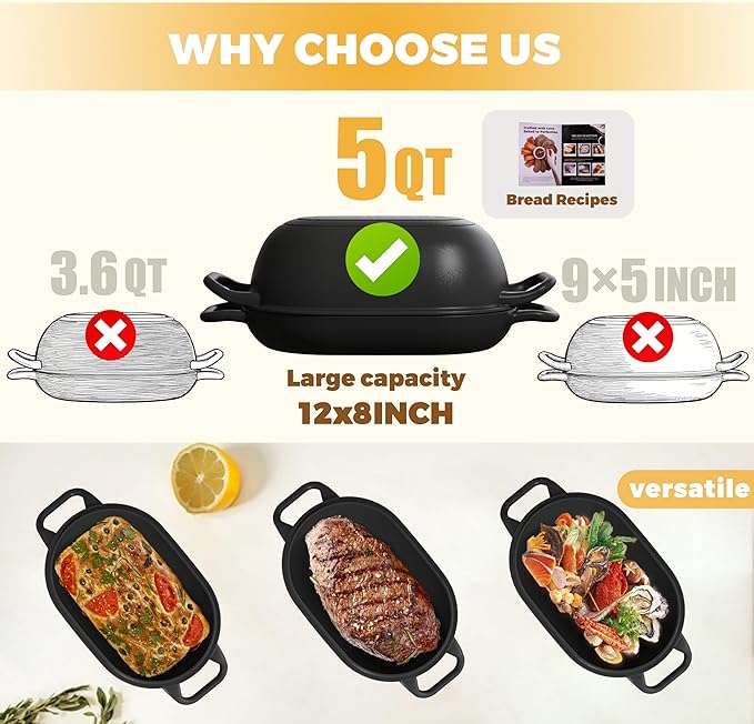 Oval Dutch Oven for Bread Baking 12 x 8 Inch, Pre-Seasoned Cast Iron Bread Oven for Sourdough, Dutch Oven Bread Loaf Pan for a Crispy Crust, 5QT