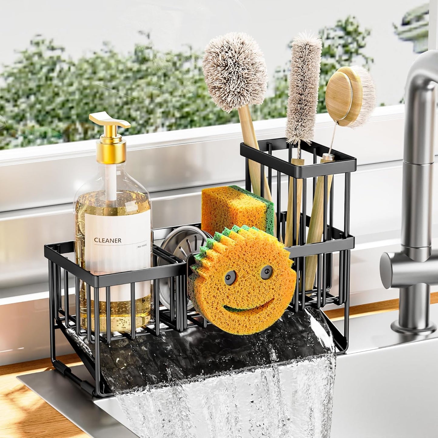 Cisily Sink Caddy With Smiley Face Sponge Holder, 304 Stainless Steel Rustproof(Black)