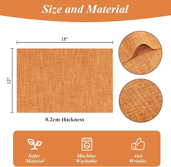 SHACOS Fabric Placemats Set of 6 Washable Heat Resistant Place Mats Non Slip Thick Cloth Placemats Reversible Table Mats Indoor Outdoor Home Wedding Table Decor, Orange
