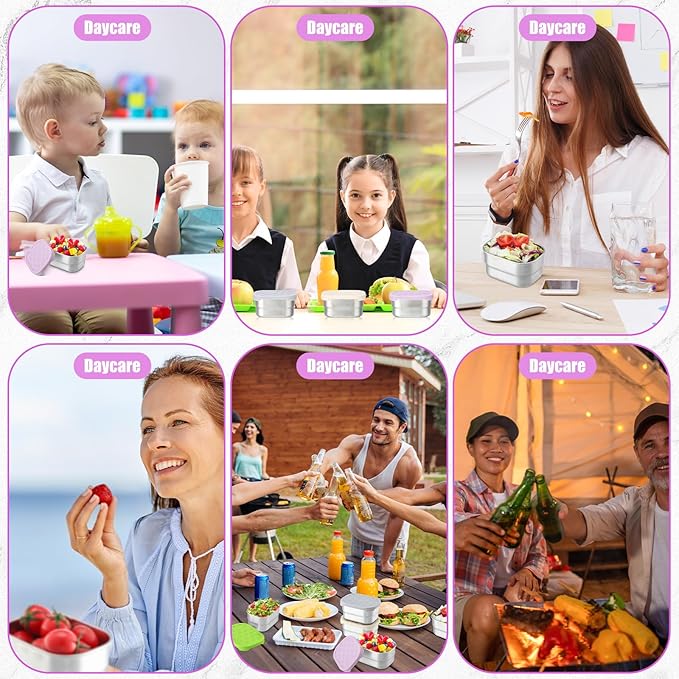 Layhit 6 Pcs Stainless Steel Snack Containers for Kids, 8 oz Lunch Containers with Silicone Lids Small Reusable Metal Food Box for Child Daycare School Home Storage Supplies(Stylish Color)