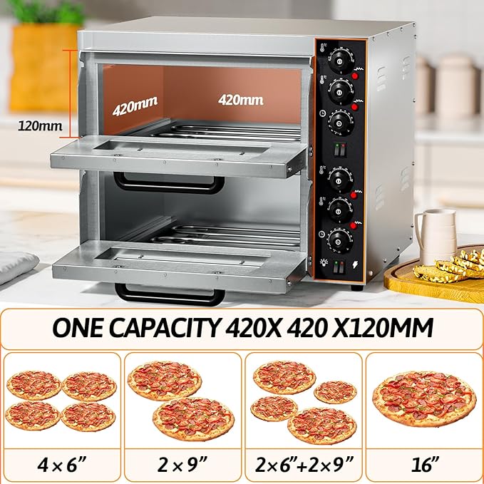 Shikha Commercial Countertop Pizza Oven 16 inch, Double-Layer Electric Pizza Maker Machine with Stone, Timer Stainless Steel Pizza Cooker for Restaurant Home use 110V