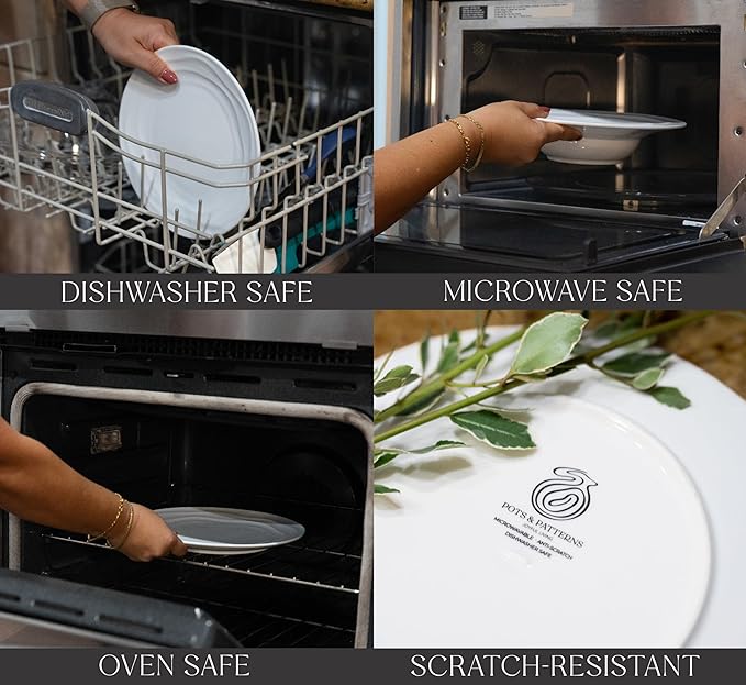 White Porcelain Dinnerware Set for 4–12-Piece Plates and Bowls Sets with Natural Waves – Durable, Microwave, Oven, Dishwasher Safe, Scratch Resistant Modern China Dish Set, stylish, everyday tableware