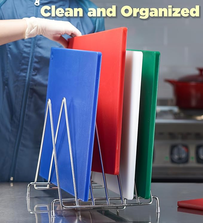 CURTA 6-Piece NSF 20" x 14" x 1/2" Multi-Colored Flexible Cutting Board Kit with Stainless steel Storage Rack, Color Coded Plastic Chopping Board with Anti Slip Surface Dishwasher Safe