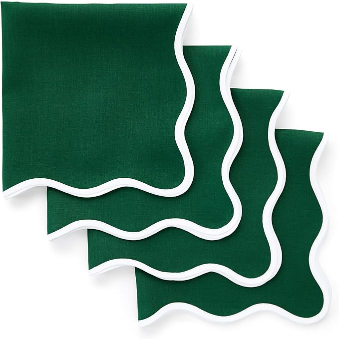 Solino Home Scallop Linen Cloth Napkins Set of 4-100% Pure Linen White and Christmas Green Dinner Napkins 20 x 20 Inch - Giselle Scallop Edge, Handcrafted and Machine Washable