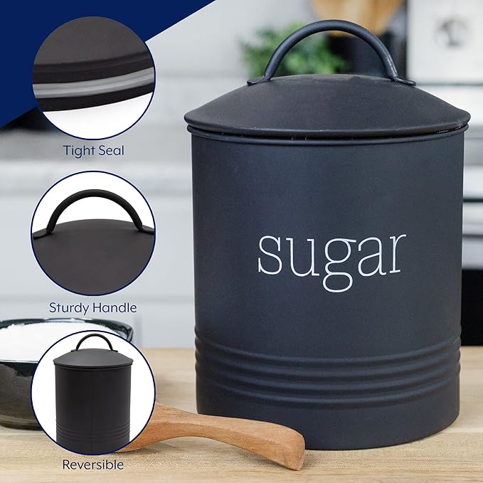 AuldHome Design Enamelware Black Sugar Canister; Modern Farmhouse Staples Storage for Kitchen