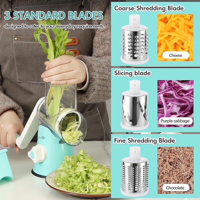 Ourokhome Rotary Cheese Grater Hand Crank, Kitchen Shredder Speed Mandolin Slicer Ice Shaver with Handle and Drum Blades for Cheese, Vegetable, Nuts, Chocolate, Potato, Carrot, 5 Blades, Blue
