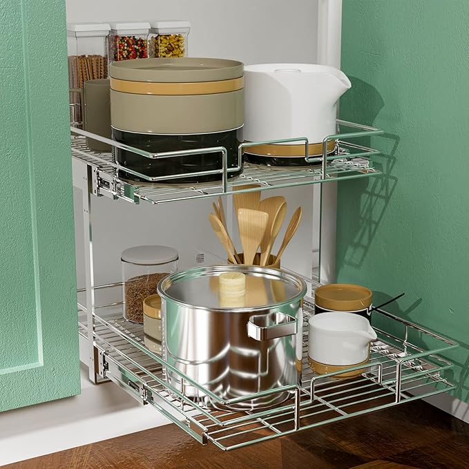 LOVMOR 2 Tier Individual Pull Out Cabinet Organizer 14½" W x 21½" D, Slide Out Kitchen Cabinet Storage Sliding Shelves