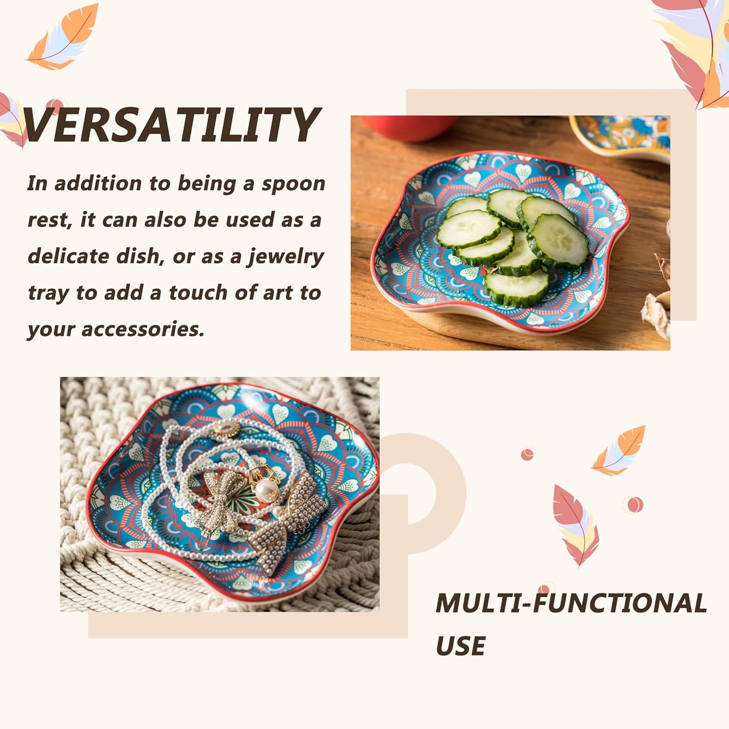 Spoon Rest for Stove Top, Bohemian Kitchen Gadgets, Ceramic Spoon Holder for Kitchen Countertop, Coffee Spoon Rest, Large Cooking Spatula Holder for Spoons, Ladles or Tongs, Blue and Red Boho