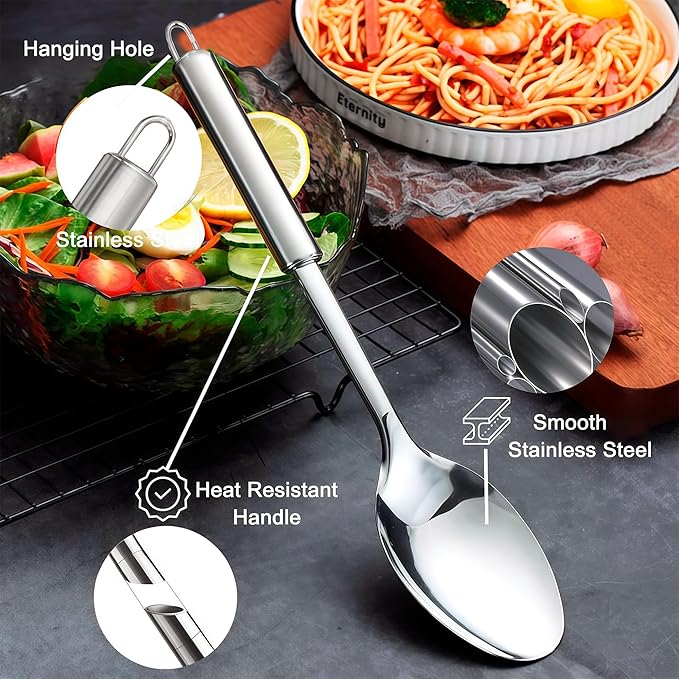 Large Cooking Spoon and Pasta Fork Set, 2 Pack Stainless Steel Serving Spoon, Heat Resistant Kitchen Noodle Spoon for Cooking, Serving, Mixing and Spaghetti