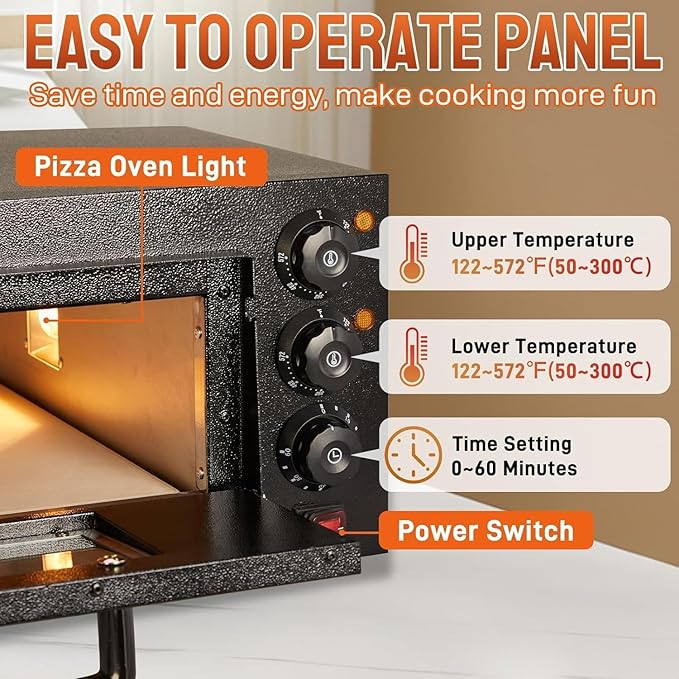 ROVSUN Electric Pizza Oven, 110V 1800W Stainless Steel Pizza Baker with Auto Shut-off, Handle, Removable Crumb Tray, Countertop Pizza Maker for Kitchen Commercial Home-Black
