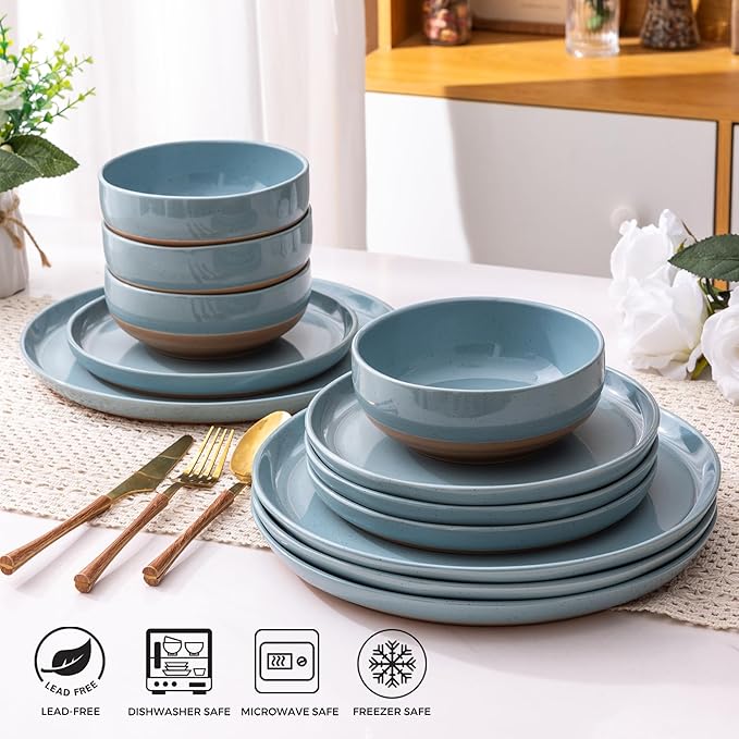 AmorArc Ceramic Dinnerware Sets for 4, 12 Pieces Handpainted Plates and Bowls Set with Rustic Terracotta Underside, Scratch Resistant Stoneware Dishes Set, Dishwasher & Microwave Safe, Stone Blue