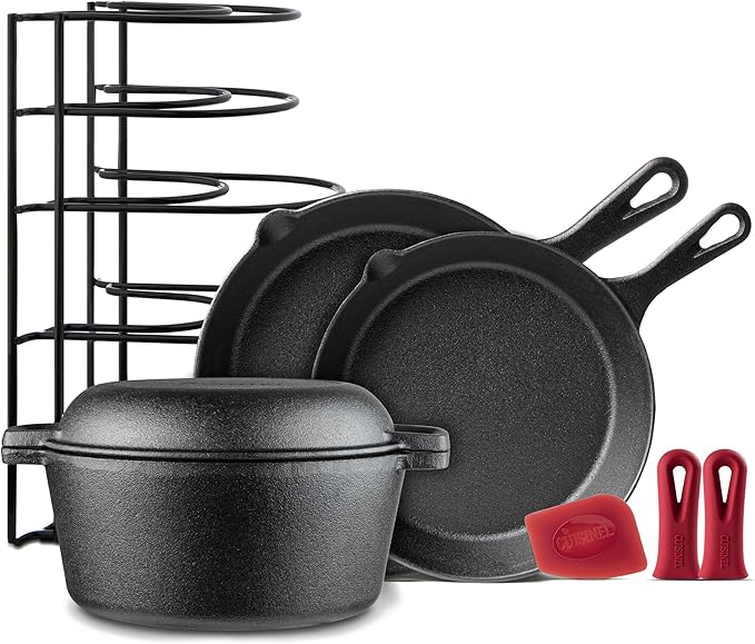 Cuisinel Cast Iron Cookware 8-Pc Set - 10" + 12" Skillet + 5-Quart Dutch Oven+ Panrack Organizer + Silicone Handle Covers + Scraper/Cleaner- Pre-Seasoned Chef's Essentials Kit - Grill, Indoor/Outdoor
