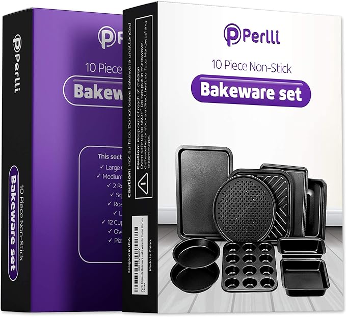 Perlli Baking Pan 10 Piece Set Nonstick Carbon Steel Gray Oven Bakeware Kitchen Set, 2 Cookie Sheets, 2 Round Cake Pans, Square Pan, Roasting Pan, Loaf Pan, Crisp Pan, Pizza Crisper, & Muffin Pan