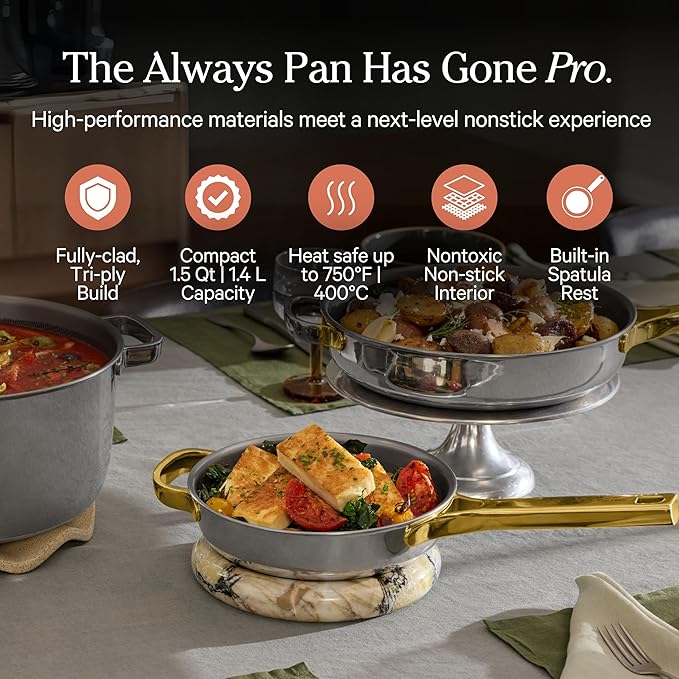 Our Place Titanium Always Pan Pro - 10.6” (2.8 Qt) No-Coating Nonstick Skillet | Tri-Ply Titanium & Stainless Steel | Safe for Oven, Induction & All Cooktops up to 750°F | Includes Spatula | Gold