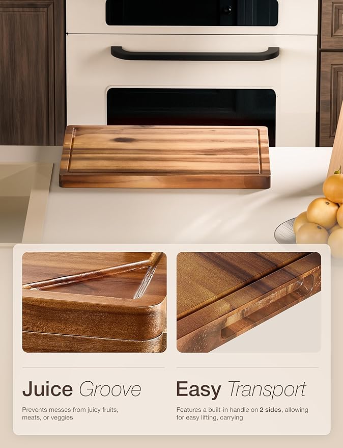 16” Acacia Wood Cutting Board and Chopping Board with Handles - Wooden Cutting Boards for Kitchen Counter - Cheese Board and Charcuterie Board - Serving Board With Counter Lip - No Assembly