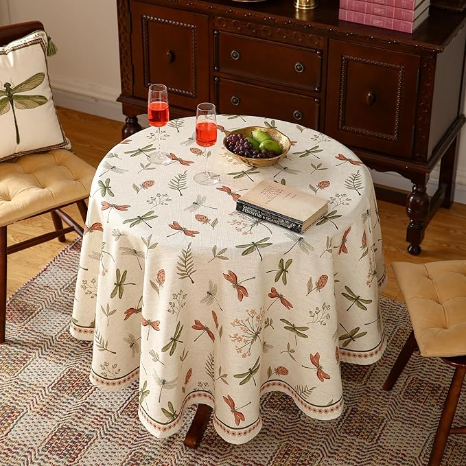 French Tablecloth for Round Tables,Linen Table Cloth with Flowers and Red and Green Dragonflies Pattern,Heavy Durable Table Cover for Dining Kitchen Decor Party Christmas,Diameter 67"