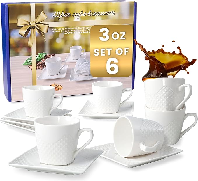 Turkish Coffee Cup Set of 6, Espresso Cups With Saucer 3 oz / 90 ml, Small, White, Modern with Embossed Pattern for Coffee, Expresso, Tazas de Cafe Bonitas Set Modernas, Elegantes