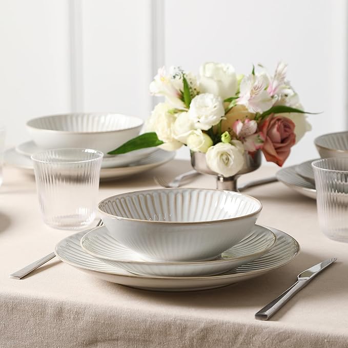 Stone Lain Linea 16-Piece Dinnerware Set Stoneware, Soda Lime Glass, White