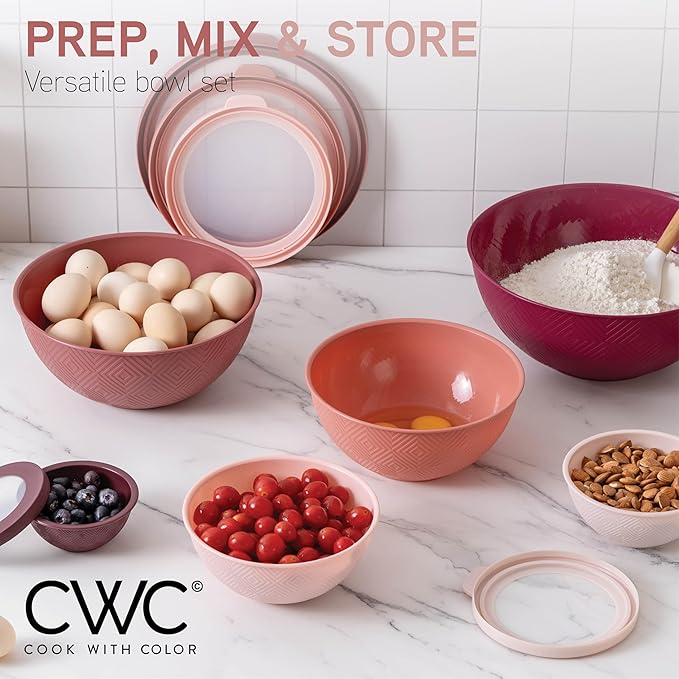 COOK WITH COLOR Mixing Bowls with Lids - 12 Piece Plastic Nesting Bowls Set includes 6 Prep Bowls and 6 Lids, Rhombus Design - Microwave Safe (Rose)