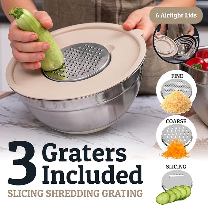 Priority Chef Stainless Steel Mixing Bowls with Lids Set - Premium 30Pcs with 6pc Metal Bowl Set for Kitchen, 3 Graters, Airtight Lids, Non-Slip Bases & Silicone Utensils, Khaki