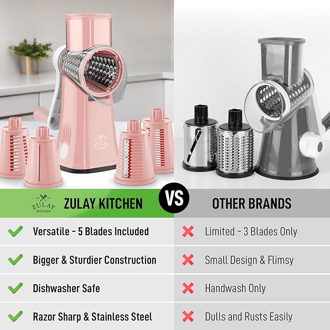 Zulay Kitchen Rotary Cheese Grater 5 Blade Cheese Shredder - Manual Hand Crank Cheese Grater With Reinforced Suction & 5 Interchangeable Drums - Easy to Use, Vegetable Chopper Round Mandoline Slicer