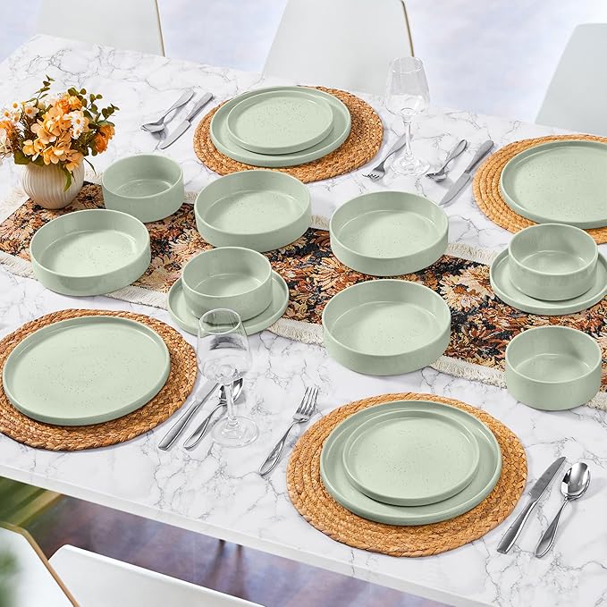 Herogo 24 Piece Plates and Bowls Set, Kitchen Dinnerware Sets with Pasta Bowls, Dinner Ware Dishes Service for 6, Chip & Scratch Resistant Porcelain Kitchen Dishware, Speckled Light Green