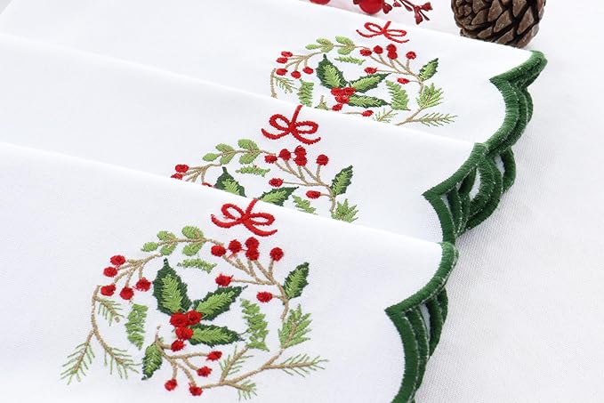 PurpleEssences Scalloped Embroidery Cloth Napkins Christmas Holiday Winter Table Decor 100% Cotton Set of 4-18 x 18 inch - White - Edges - Forest Green - Christmas Wreath
