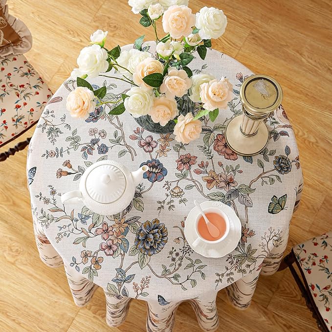 French Tablecloth for Round Tables,Linen Table Cloth with Flowers and Birds Pattern,Heavy Durable Table Cover for Dining Thanksgiving Kitchen Decor Party Christmas,Diameter 67"