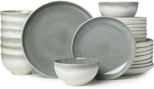 24 Piece Dinnerware Sets for 8, Modern Stoneware Plates and Bowls Sets, Perfect for Family Gatherings & Holiday Celebrations, Easy Cleaning Dishes, Stack Compactly Plate Set, Gradient Green