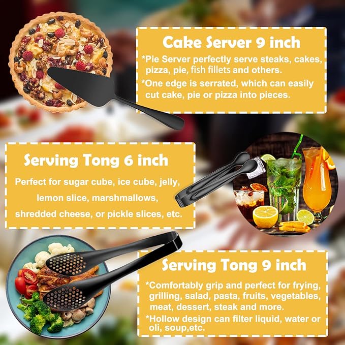 11 PCS Serving Utensils, Large Stainless Steel Spoons Forks Tongs, Pie Server, Great for Hostess Buffet Catering Banquet Party, Black